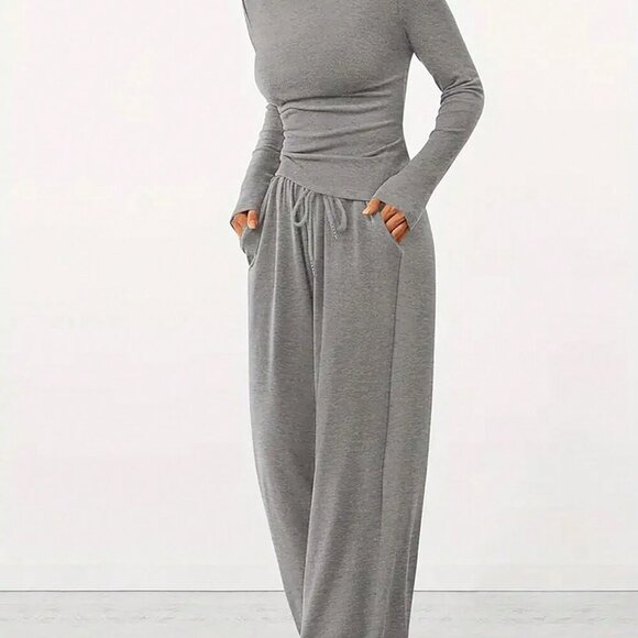 Tops - Grey Casual Women's Long Sleeve Shirt And Pants Set